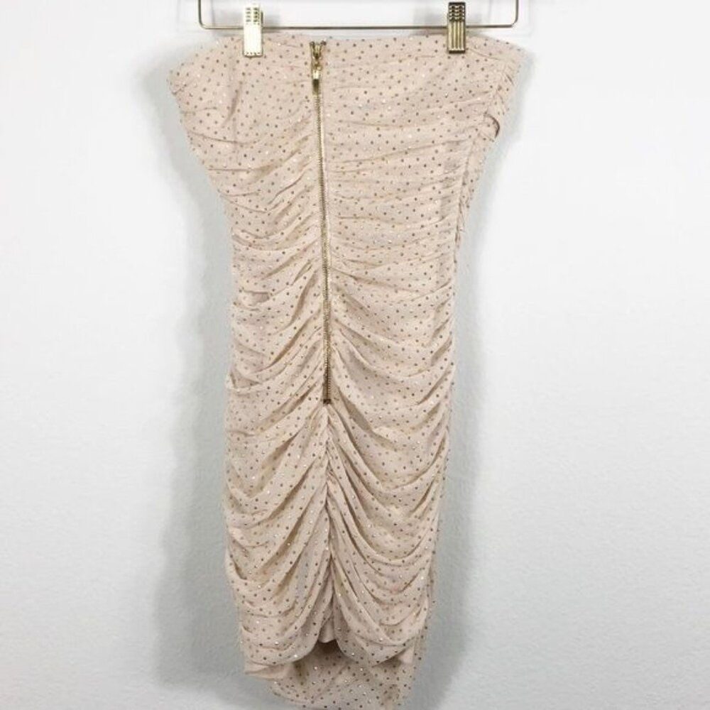 Bebe Beige Mesh Gold Studs Strapless Dress New Years Eve Wedding Date Size Small - Picture 3 of 7
